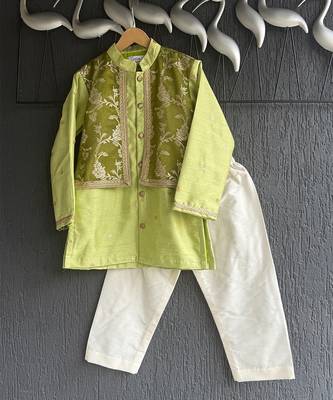 Lime green embroidered cotton silk father son kurta combo set 3