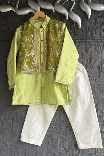 Lime green embroidered cotton silk father son kurta combo set