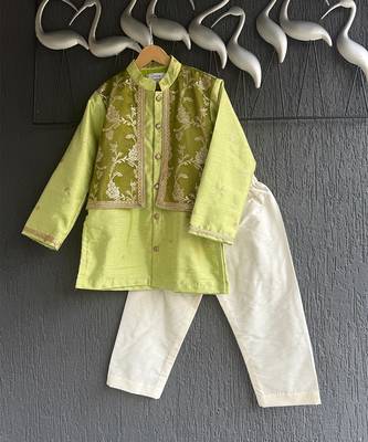 Lime green embroidered cotton silk father son kurta combo set 4