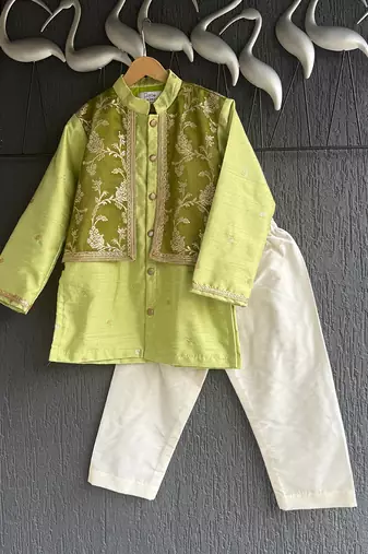 Lime green embroidered cotton silk father son kurta combo set