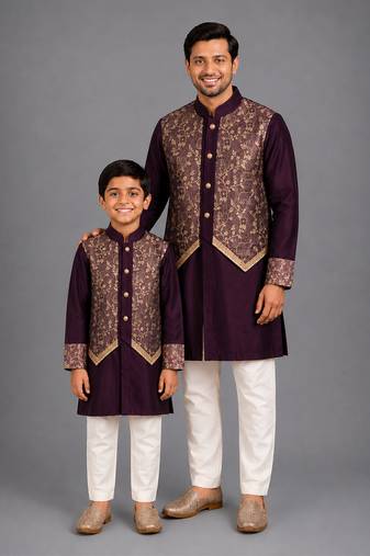 Royal purple embroidered cotton silk father son kurta combo set