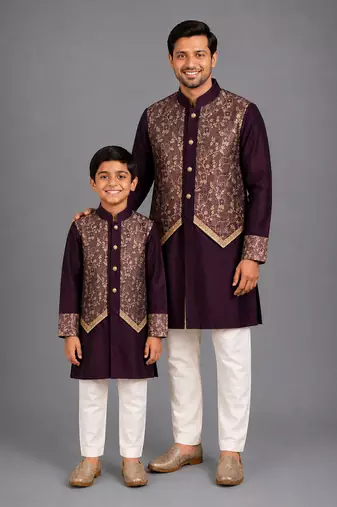 Royal purple embroidered cotton silk father son kurta combo set