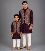 Royal purple embroidered cotton silk father son kurta combo set