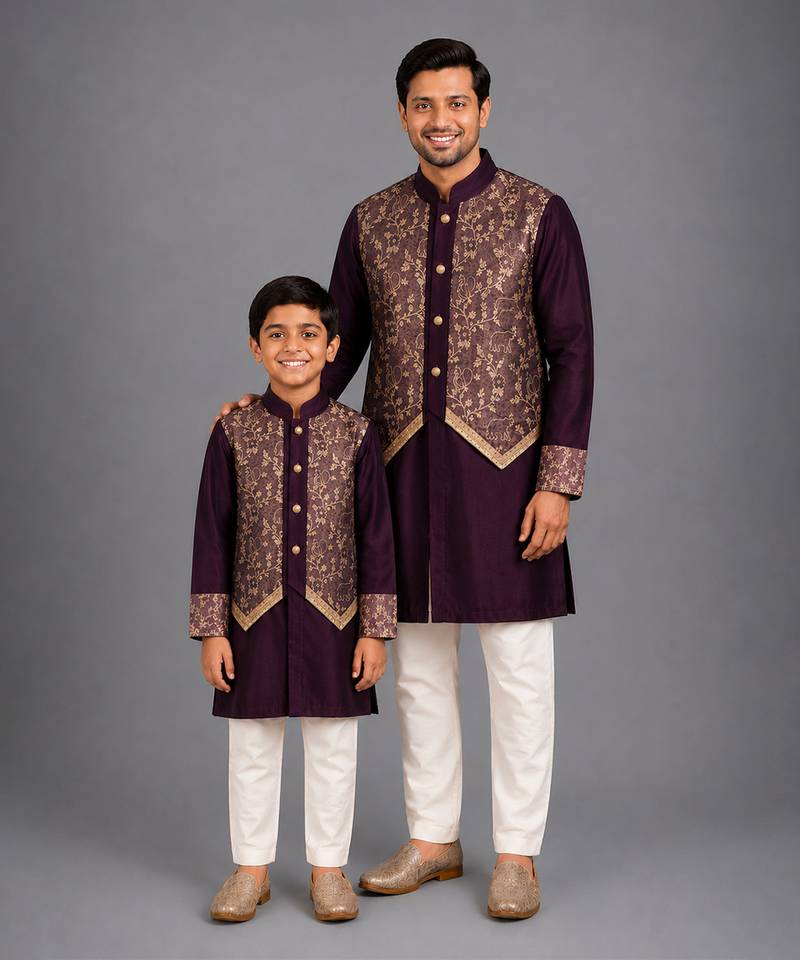 Royal purple embroidered cotton silk father son kurta combo set