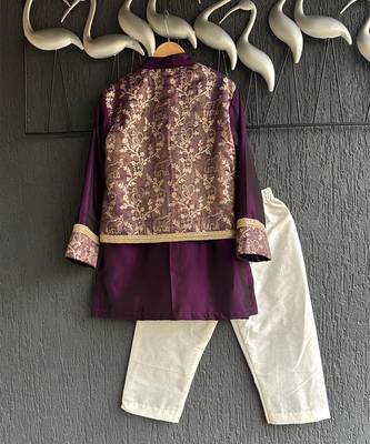 Royal purple embroidered cotton silk father son kurta combo set 2