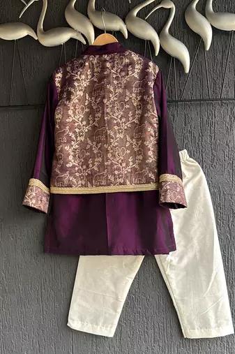 Royal purple embroidered cotton silk father son kurta combo set