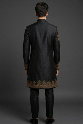 Black silk indo sherwani set for men's 2