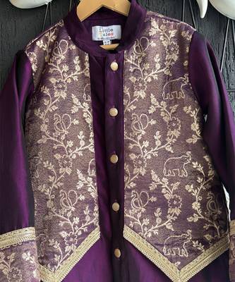 Royal purple embroidered cotton silk father son kurta combo set 3