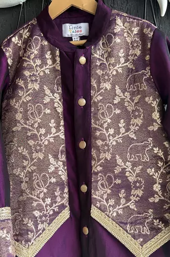 Royal purple embroidered cotton silk father son kurta combo set