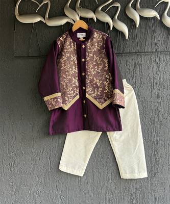 Royal purple embroidered cotton silk father son kurta combo set 4