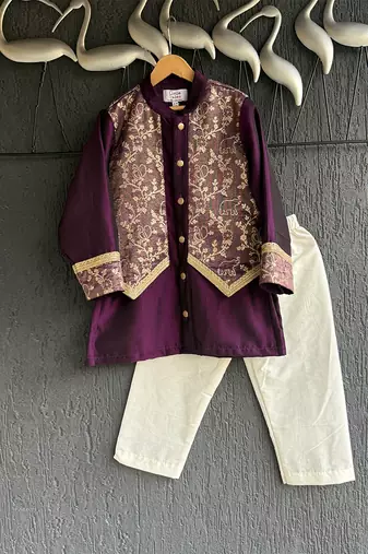 Royal purple embroidered cotton silk father son kurta combo set