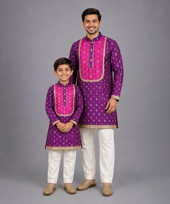 Magenta purple embroidered cotton silk father son kurta combo set 1