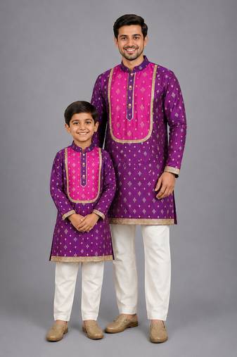 Magenta purple embroidered cotton silk father son kurta combo set