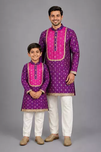 Magenta purple embroidered cotton silk father son kurta combo set