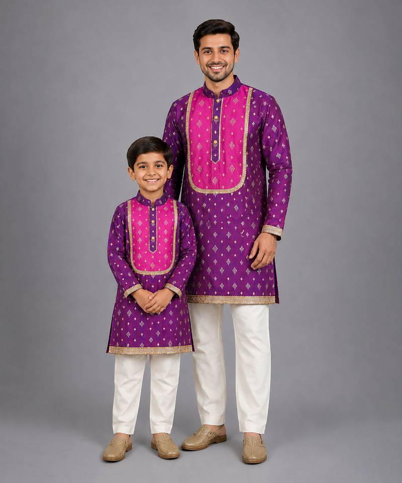 Magenta purple embroidered cotton silk father son kurta combo set