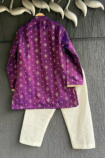 Magenta purple embroidered cotton silk father son kurta combo set