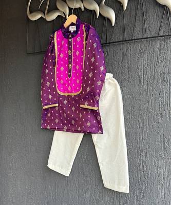 Magenta purple embroidered cotton silk father son kurta combo set 3