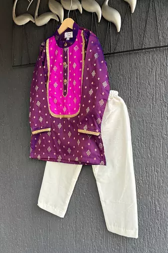 Magenta purple embroidered cotton silk father son kurta combo set