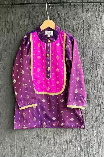 Magenta purple embroidered cotton silk father son kurta combo set