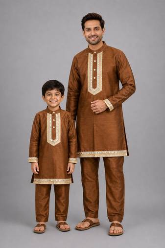 Copper brown embroidered cotton silk father son kurta combo set