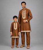 Copper brown embroidered cotton silk father son kurta combo set