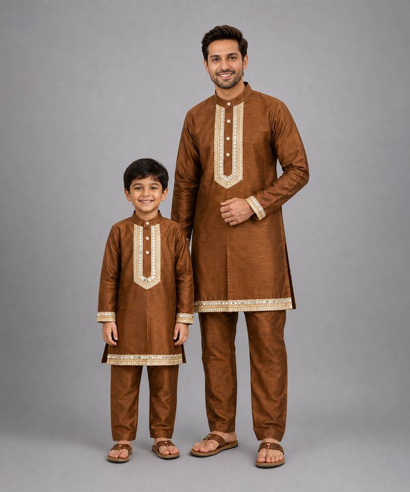 Copper brown embroidered cotton silk father son kurta combo set