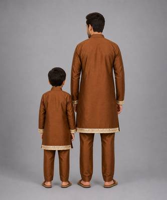 Copper brown embroidered cotton silk father son kurta combo set 2