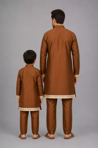 Copper brown embroidered cotton silk father son kurta combo set
