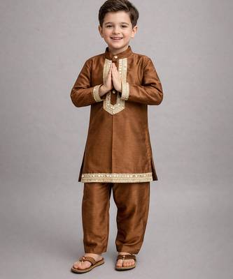 Copper brown embroidered cotton silk father son kurta combo set 3