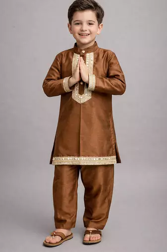 Copper brown embroidered cotton silk father son kurta combo set