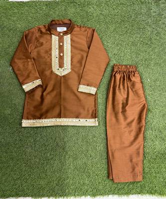Copper brown embroidered cotton silk father son kurta combo set 4