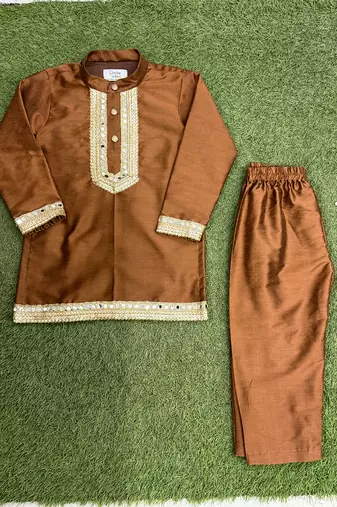 Copper brown embroidered cotton silk father son kurta combo set