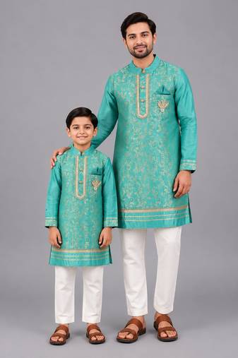 Turquoise blue embroidered cotton silk father son kurta combo set