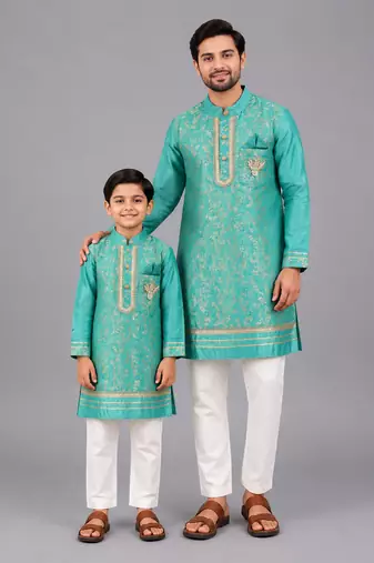 Turquoise blue embroidered cotton silk father son kurta combo set