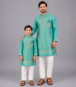 Turquoise blue embroidered cotton silk father son kurta combo set