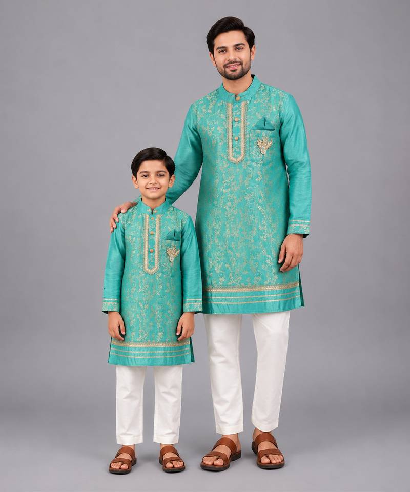 Turquoise blue embroidered cotton silk father son kurta combo set