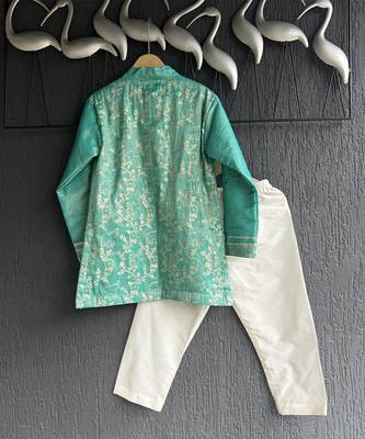 Turquoise blue embroidered cotton silk father son kurta combo set 2