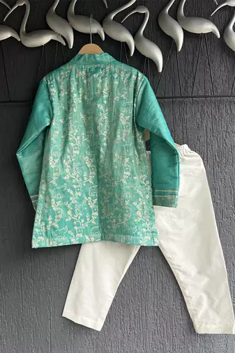 Turquoise blue embroidered cotton silk father son kurta combo set