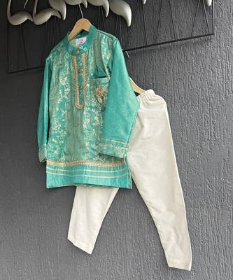 Turquoise blue embroidered cotton silk father son kurta combo set 3