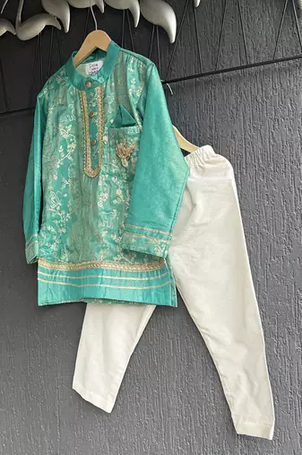 Turquoise blue embroidered cotton silk father son kurta combo set