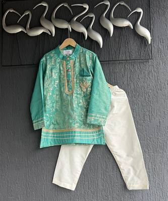 Turquoise blue embroidered cotton silk father son kurta combo set 4