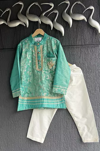 Turquoise blue embroidered cotton silk father son kurta combo set
