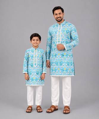 Sky blue floral printed cotton silk father son kurta combo set 1