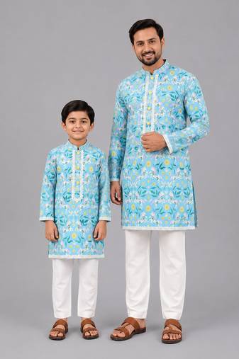 Sky blue floral printed cotton silk father son kurta combo set