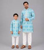 Sky blue floral printed cotton silk father son kurta combo set