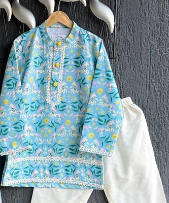 Sky blue floral printed cotton silk father son kurta combo set 2