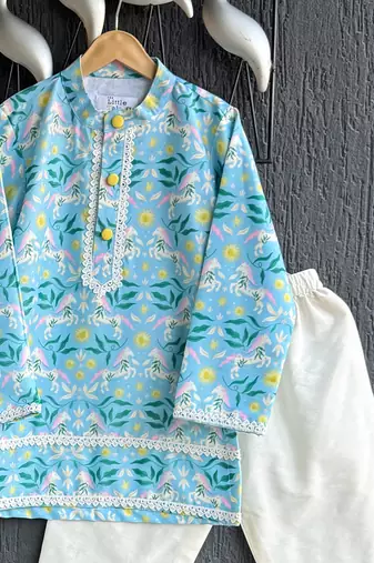 Sky blue floral printed cotton silk father son kurta combo set