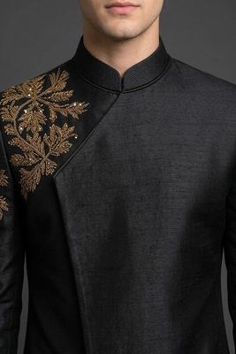Black silk indo sherwani set for men's 3