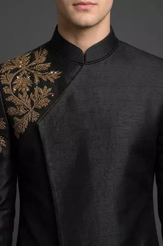 Black silk indo sherwani set for men's