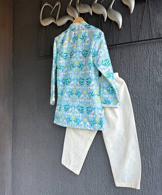 Sky blue floral printed cotton silk father son kurta combo set 3